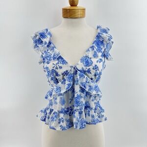 Cottagecore Blue Floral Open Back‎ Crop Top M Milkmaid Ruffle Euro Summer